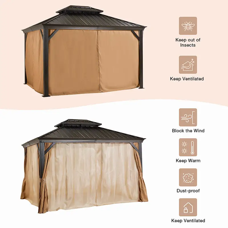 10'x12' Hardtop Gazebo Galvanized Steel Double-Roof Gazebo w/ Netting & Curtain, Brown