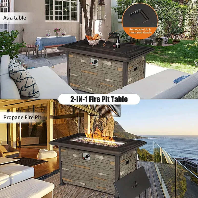 44'' Propane Gas Fire Pit Table 50000 BTU Auto-Ignition w/ Aluminum Tabletop,Waterproof Cover, Glass Beads, Gray