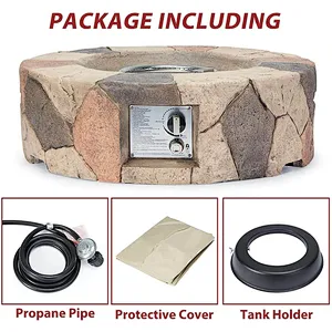28'' Round Propane Gas Fire Pit 40000 BTU Stone Fire Pit w/ Lava Rocks, Cover, Tank Holder