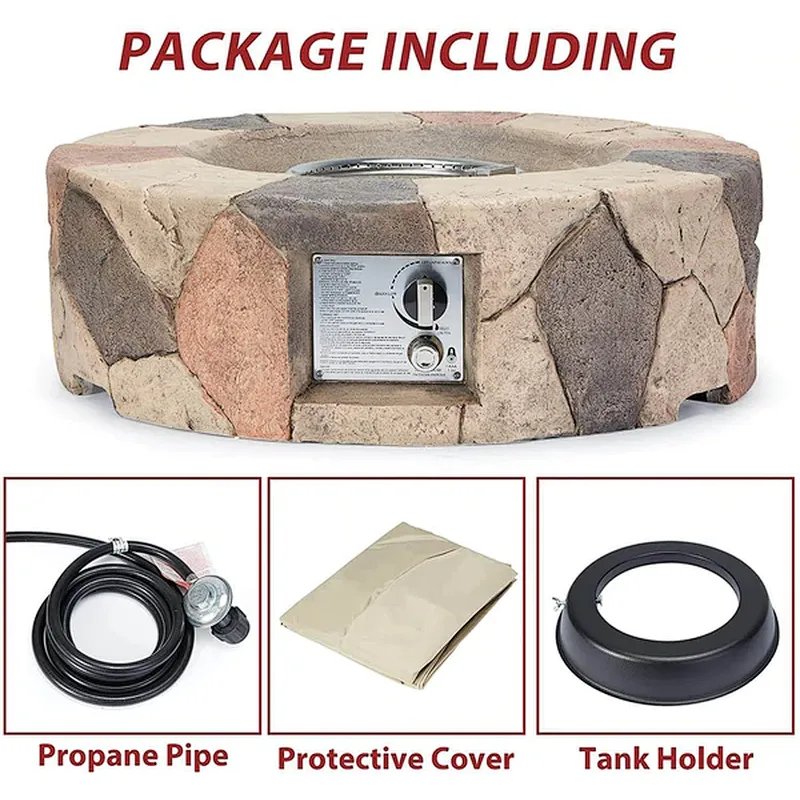 28'' Round Propane Gas Fire Pit 40000 BTU Stone Fire Pit w/ Lava Rocks, Cover, Tank Holder