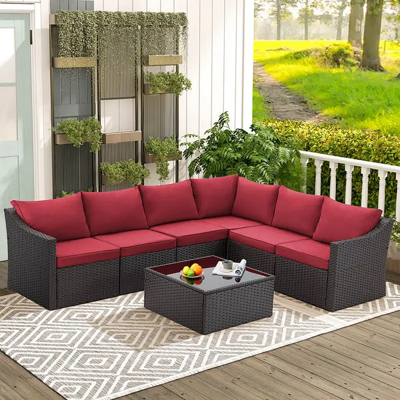 7 Pcs Patio Furniture Set All Weather Sectional Sofa with Red Cushion & Coffee Table