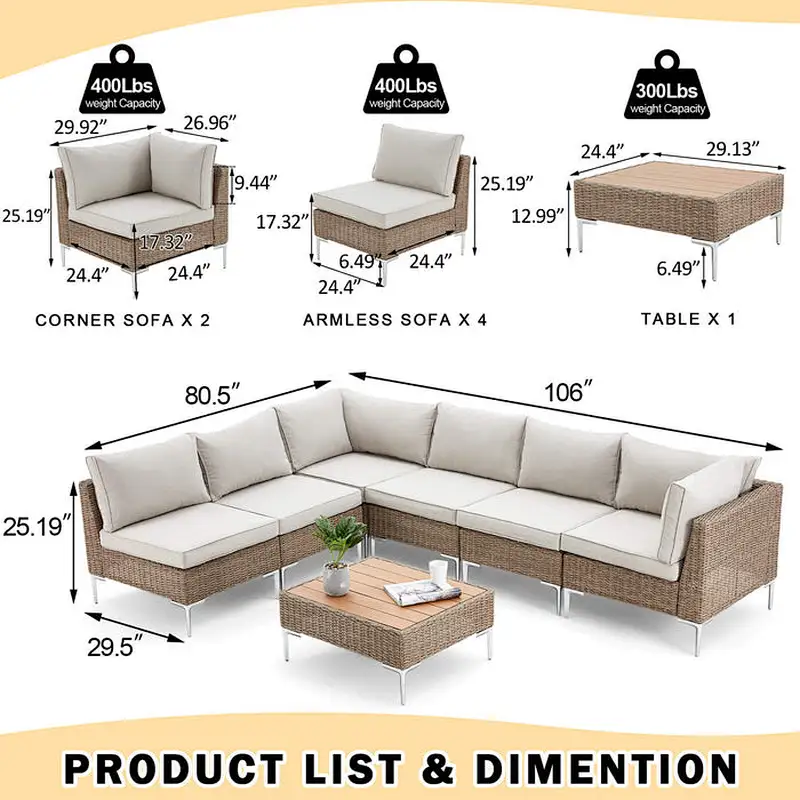 7 Pcs Outdoor Sectional Sofa All-Weather Half-Round Rattan Furniture Set with Cushion & Tea Table