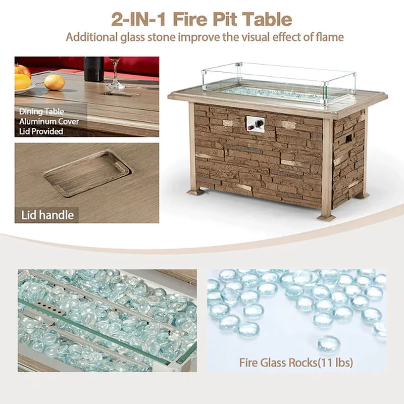 44'' Propane Gas Fire Pit Table 50000 BTU Auto-Ignition w/ Windguard, Aluminum Tabletop,Waterproof Cover, Glass Beads, Coffee