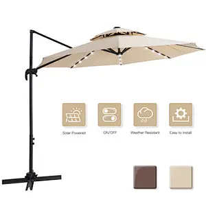 10ft Solar LED Patio Umbrellas Offset Hanging Cantilever Umbrella w/ Easy Tilt