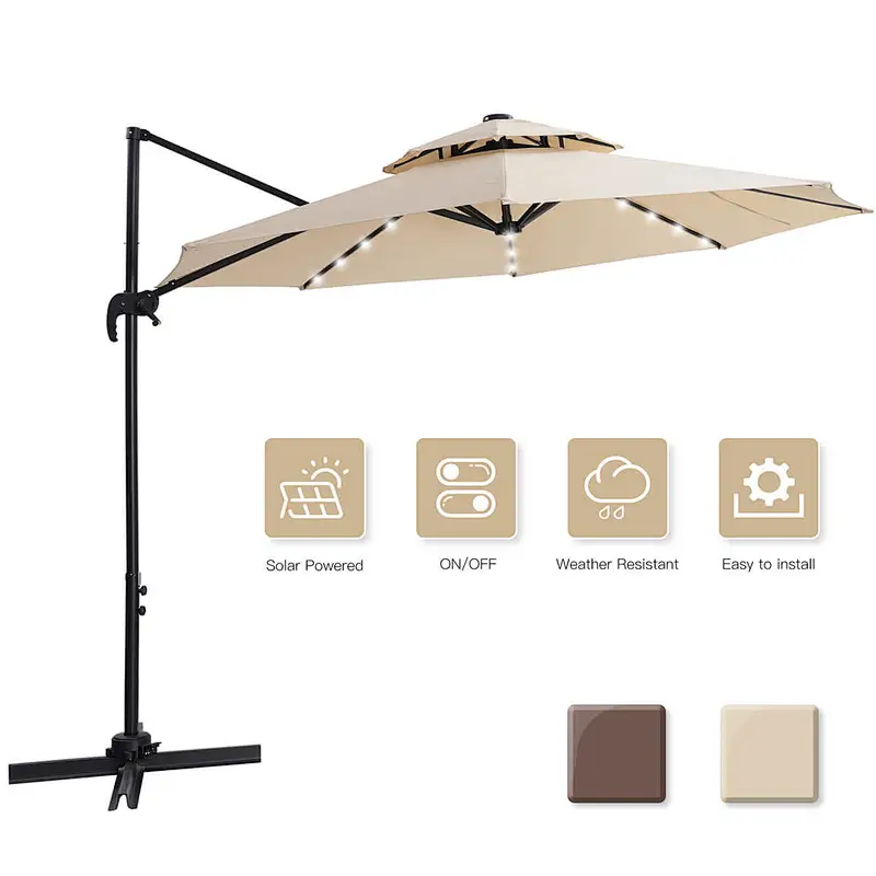 10ft Solar LED Patio Umbrellas Offset Hanging Cantilever Umbrella w/ Easy Tilt