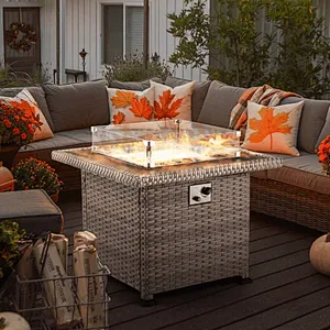 32'' Propane Fire Pit Table, 50000 BTU Square Gas Fire Pit w/ Glass Beads & Waterproof cover