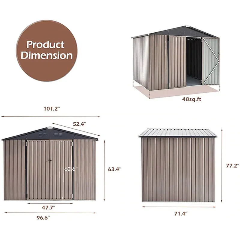 8'x6' Outdoor Metal Storage Shed Garden Steel Shed with Double Lockable Doors