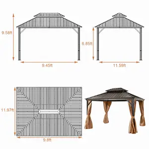 10'x12' Hardtop Gazebo Galvanized Steel Double-Roof Gazebo w/ Netting & Curtain, Brown