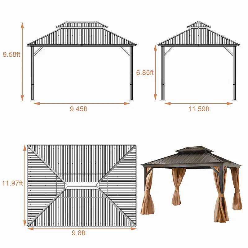 10'x12' Hardtop Gazebo Galvanized Steel Double-Roof Gazebo w/ Netting & Curtain, Brown