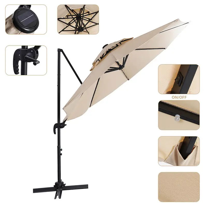 10ft Solar LED Patio Umbrellas Offset Hanging Cantilever Umbrella w/ Easy Tilt