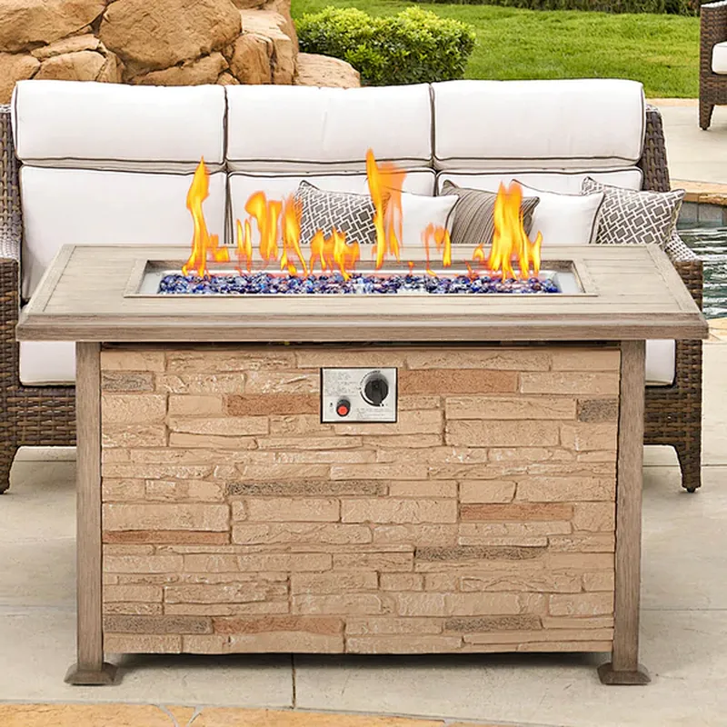 44'' Propane Gas Fire Pit Table 50000 BTU Auto-Ignition w/ Aluminum Tabletop,Waterproof Cover, Glass Beads, Brown