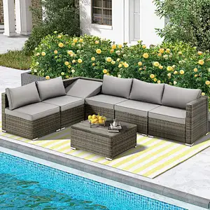 7 Pcs Outdoor Rattan Sectional Sofa w/ Adjustable Bracket, All Weather Patio Furniture Set w/ Grey Cushion & Coffee Table