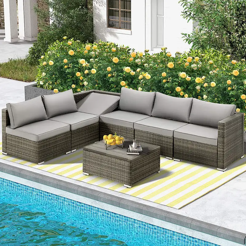 7 Pcs Outdoor Rattan Sectional Sofa w/ Adjustable Bracket, All Weather Patio Furniture Set w/ Grey Cushion & Coffee Table