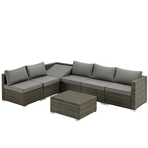7 Pcs Outdoor Rattan Sectional Sofa w/ Adjustable Bracket, All Weather Patio Furniture Set w/ Grey Cushion & Coffee Table