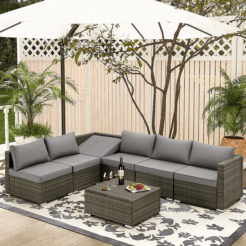 7 Pcs Outdoor Rattan Sectional Sofa w/ Adjustable Bracket, All Weather Patio Furniture Set w/ Grey Cushion & Coffee Table