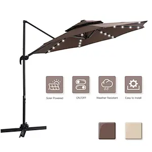 10ft Solar LED Patio Umbrella Offset Hanging Cantilever Umbrellas w/ Easy Tilt