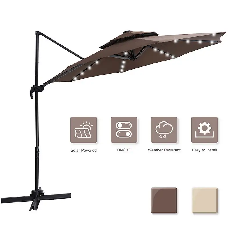 10ft Solar LED Patio Umbrella Offset Hanging Cantilever Umbrellas w/ Easy Tilt