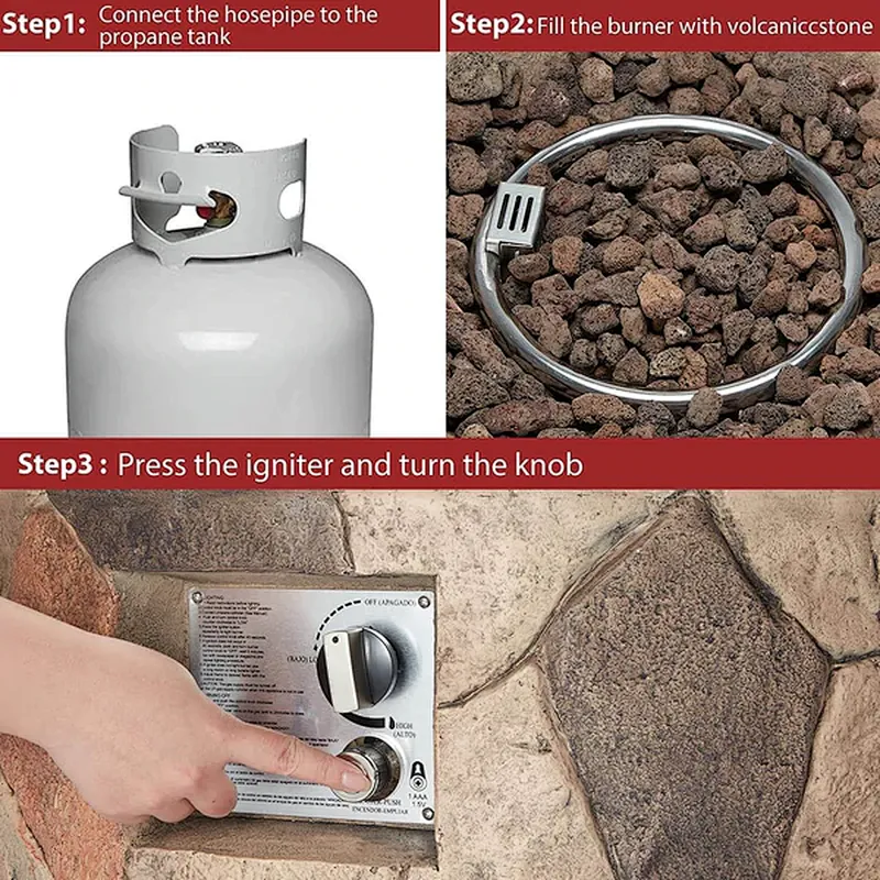 28'' Round Propane Gas Fire Pit 40000 BTU Stone Fire Pit w/ Lava Rocks, Cover, Tank Holder
