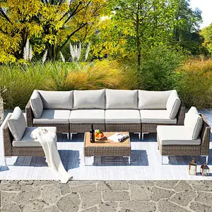 7 Pcs Outdoor Sectional Sofa All-Weather Half-Round Rattan Furniture Set with Cushion & Tea Table