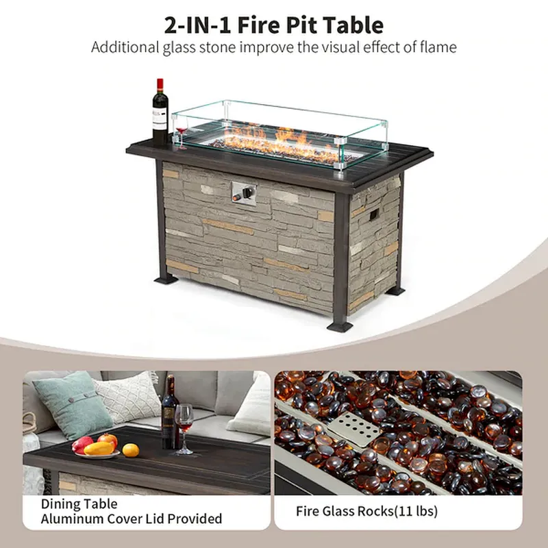 44'' Propane Gas Fire Pit Table 50000 BTU Auto-Ignition w/ Windguard, Aluminum Tabletop,Waterproof Cover, Glass Beads, Gray