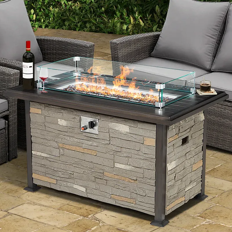 44'' Propane Gas Fire Pit Table 50000 BTU Auto-Ignition w/ Windguard, Aluminum Tabletop,Waterproof Cover, Glass Beads, Gray