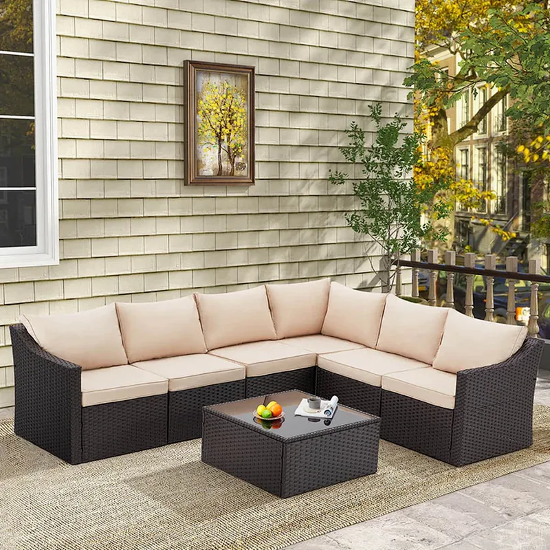 7 Pcs OutdoorPatio Furniture Set All Weather Patio Furniture Set w/ Khaki Cushion & Coffee Table Patio Furniture Set Rattan Sectional Sofa