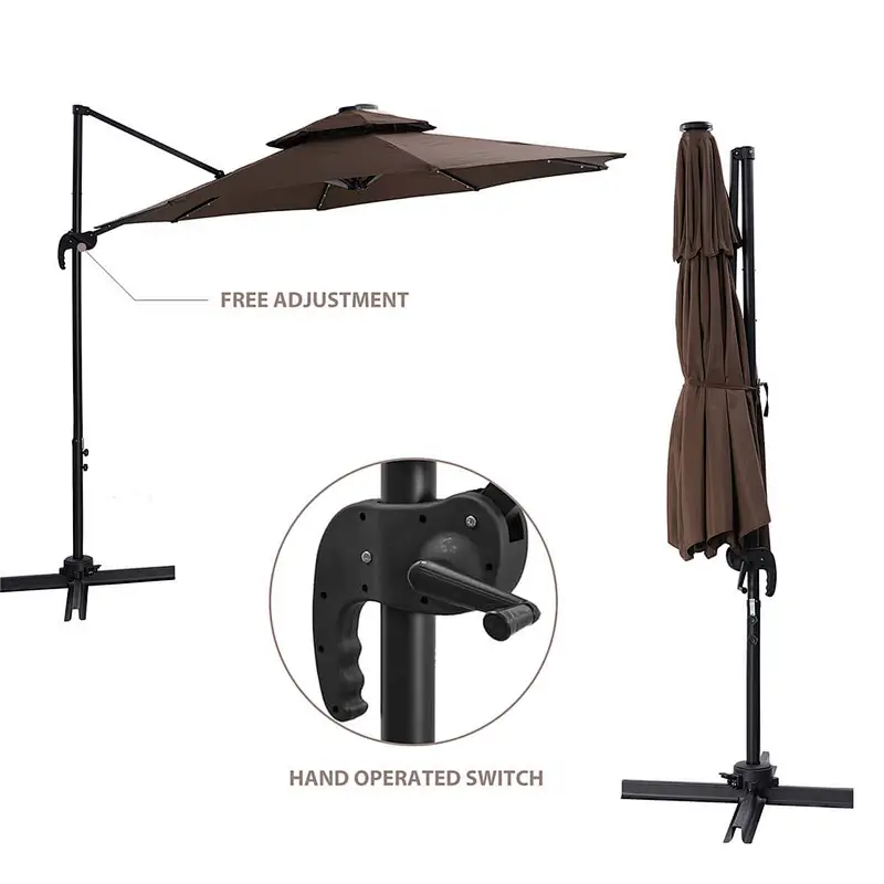 10ft Solar LED Patio Umbrella Offset Hanging Cantilever Umbrellas w/ Easy Tilt