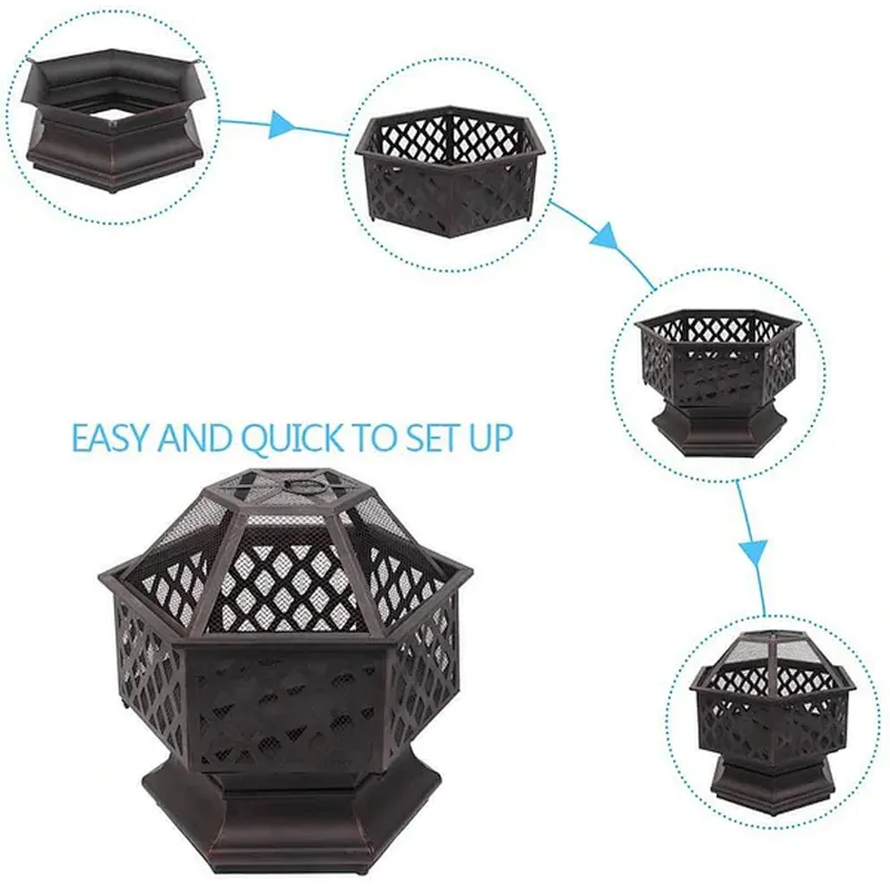 26'' Portable Fire Pit Hexagonal Metal Wood Burning Bonfire Bowl