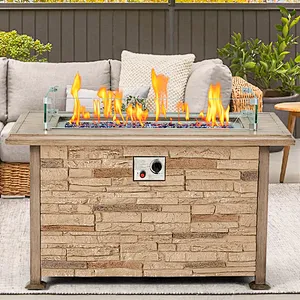 44'' Propane Gas Fire Pit Table 50000 BTU Auto-Ignition w/ Windguard, Aluminum Tabletop,Waterproof Cover, Glass Beads, Brown