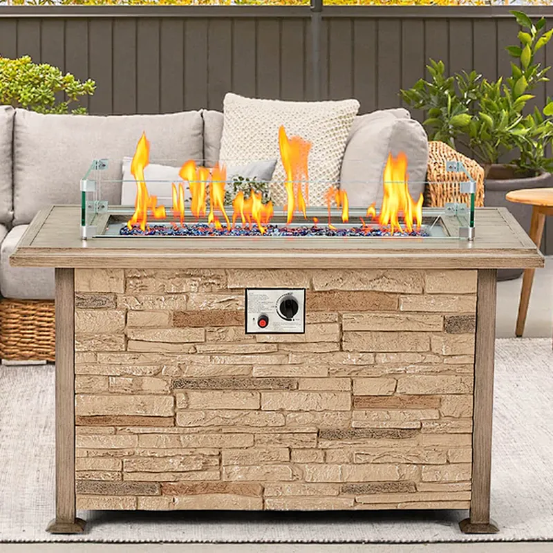 44'' Propane Gas Fire Pit Table 50000 BTU Auto-Ignition w/ Windguard, Aluminum Tabletop,Waterproof Cover, Glass Beads, Brown