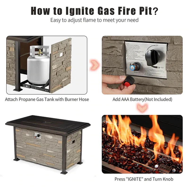 44'' Propane Gas Fire Pit Table 50000 BTU Auto-Ignition w/ Windguard, Aluminum Tabletop,Waterproof Cover, Glass Beads, Gray