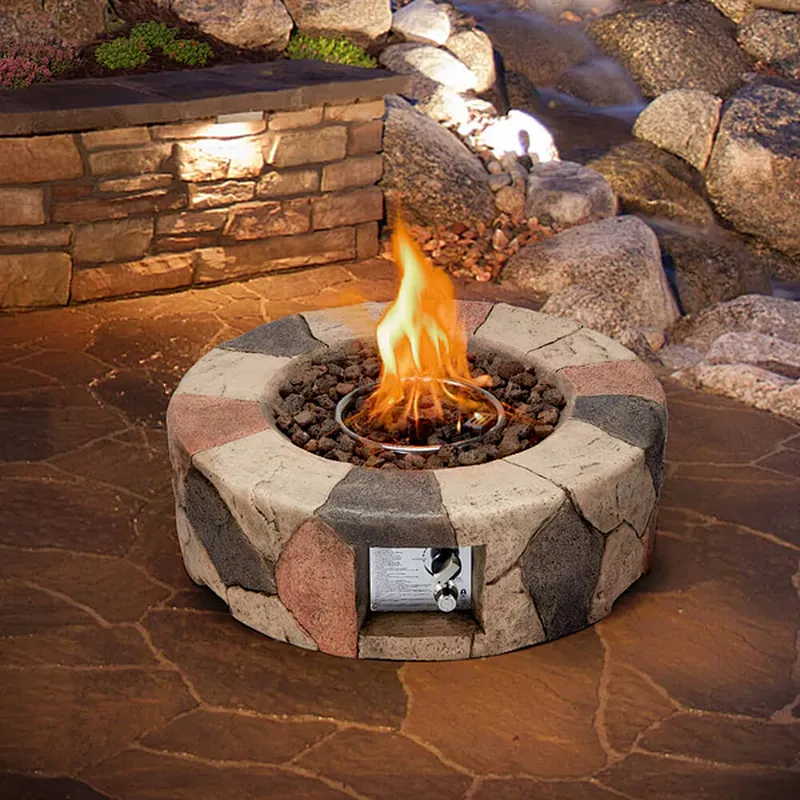 28'' Round Propane Gas Fire Pit 40000 BTU Stone Fire Pit w/ Lava Rocks, Cover, Tank Holder