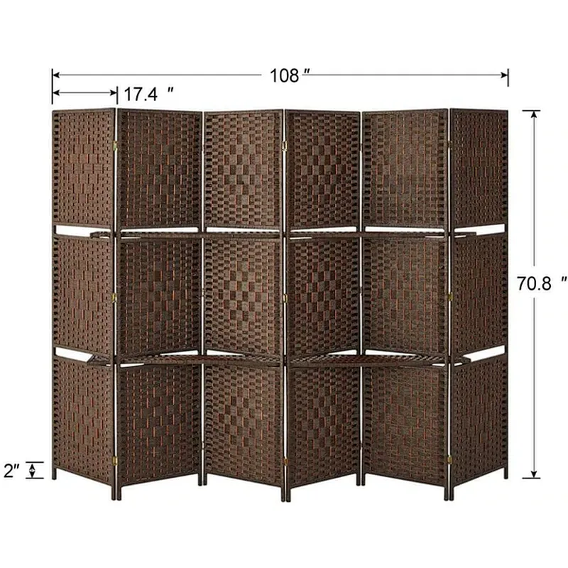 6 Panel Room Divider 6ft Privacy Screen with 2 Shelves Double Hinged