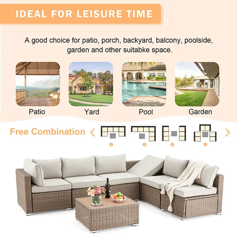 7 Pcs Outdoor Rattan Sectional Sofa w/ Adjustable Bracket, All Weather Patio Furniture Set w/ Cushion & Coffee Table