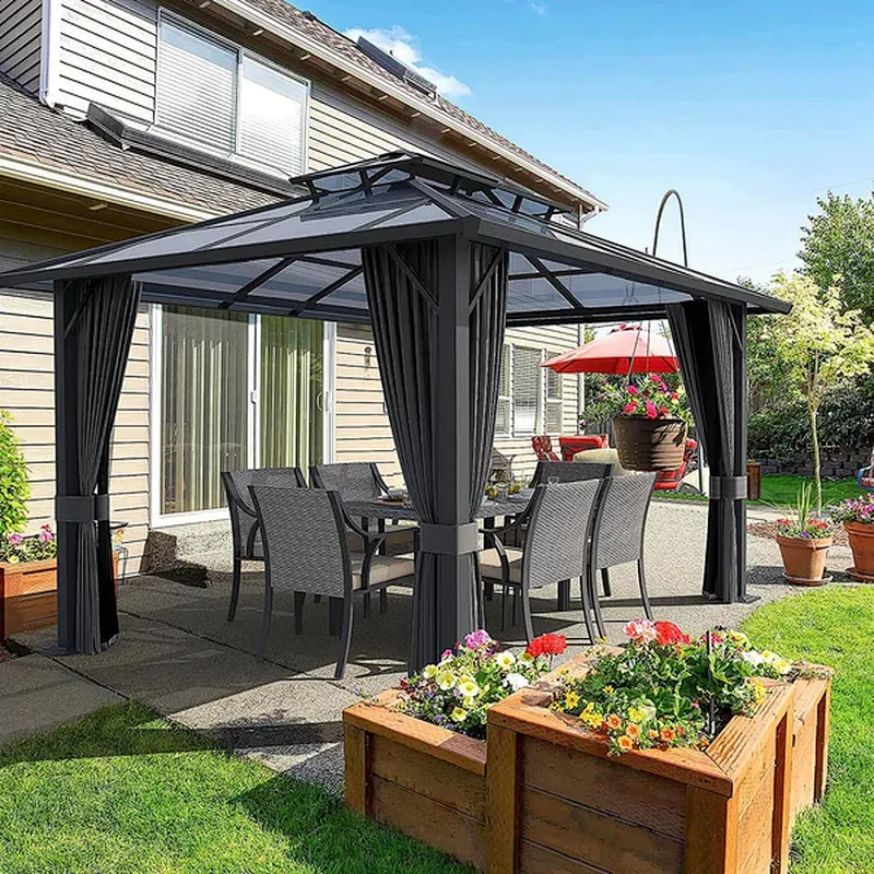 10'x13' Hardtop Patio Gazebo Canopy Polycarbonate Double-Roof w/ Netting Curtains, Black
