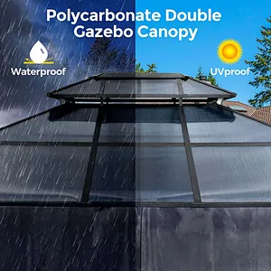 10'x13' Hardtop Patio Gazebo Canopy Polycarbonate Double-Roof w/ Netting Curtains, Black