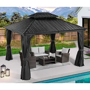 10'x12' Hardtop Gazebo Galvanized Steel Double-Roof Gazebo w/ Netting Curtain, Black