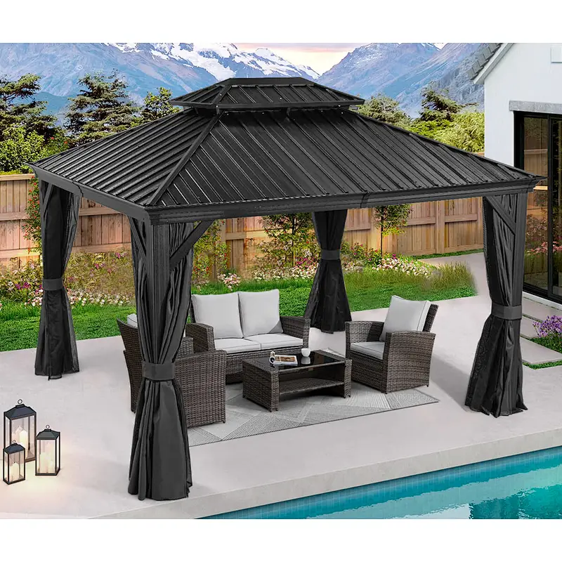 10'x12' Hardtop Gazebo Galvanized Steel Double-Roof Gazebo w/ Netting Curtain, Black