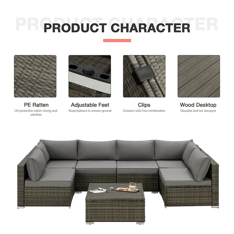 7 Pcs Outdoor Rattan Sectional Sofa w/ Adjustable Bracket, All Weather Patio Furniture Set w/ Grey Cushion & Coffee Table