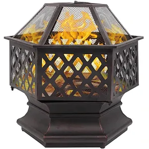 26'' Portable Fire Pit Hexagonal Metal Wood Burning Bonfire Bowl