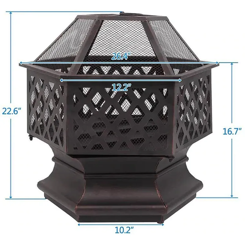 26'' Portable Fire Pit Hexagonal Metal Wood Burning Bonfire Bowl