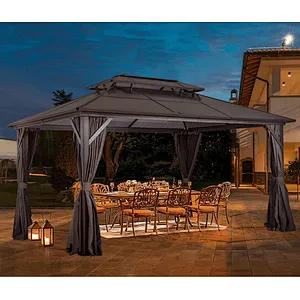10'x13' Hardtop Patio Gazebo Canopy Polycarbonate Double-Roof w/ Netting Curtains, Black