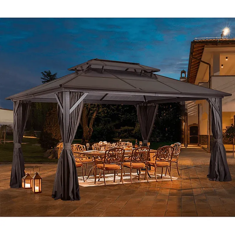 10'x13' Hardtop Patio Gazebo Canopy Polycarbonate Double-Roof w/ Netting Curtains, Black