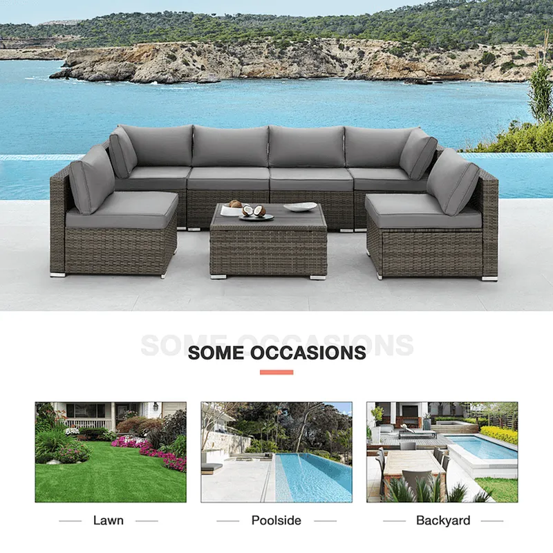 7 Pcs Outdoor Rattan Sectional Sofa w/ Adjustable Bracket, All Weather Patio Furniture Set w/ Grey Cushion & Coffee Table