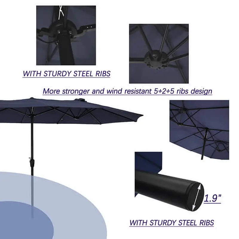 15x9ft Large Double-Sided Patio Umbrella Outdoor Steel Market Umbrella w/Crank, Blue