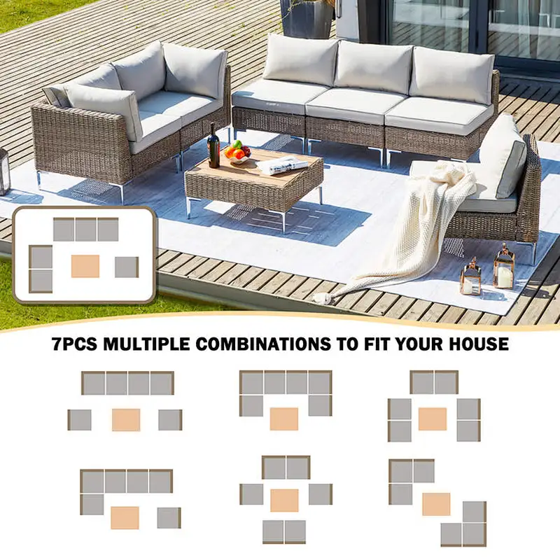 7 Pcs Outdoor Sectional Sofa All-Weather Half-Round Rattan Furniture Set with Cushion & Tea Table