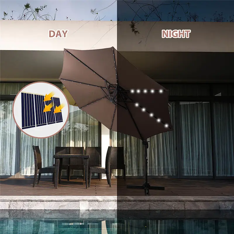 10ft Solar LED Patio Umbrella Offset Hanging Cantilever Umbrellas w/ Easy Tilt