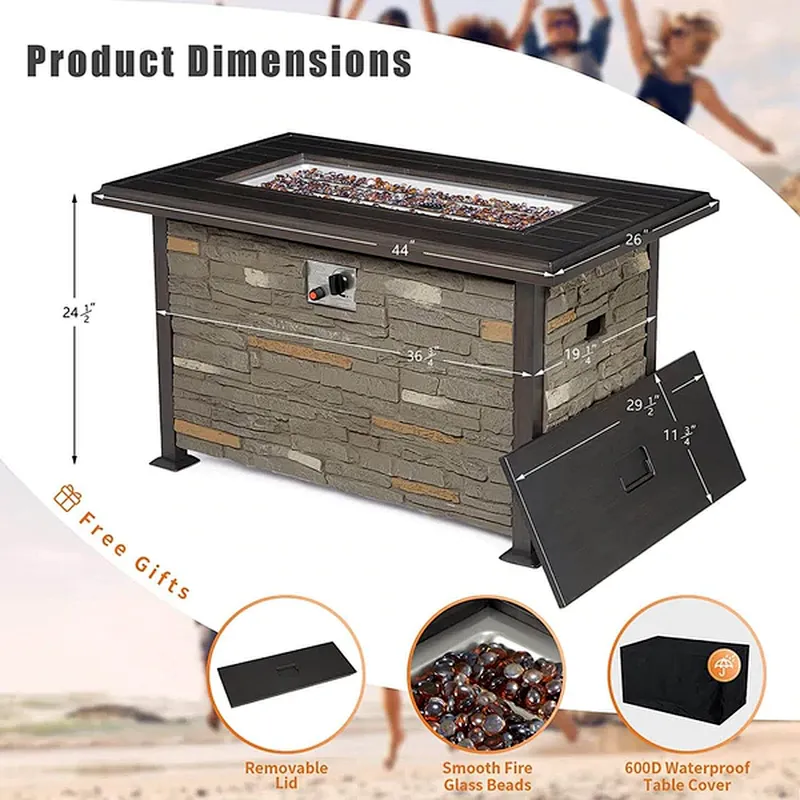 44'' Propane Gas Fire Pit Table 50000 BTU Auto-Ignition w/ Aluminum Tabletop,Waterproof Cover, Glass Beads, Gray