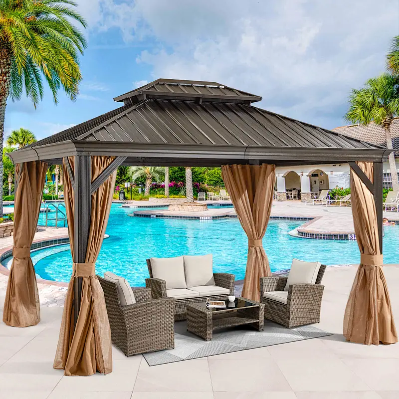 10'x12' Hardtop Gazebo Galvanized Steel Double-Roof Gazebo w/ Netting & Curtain, Brown