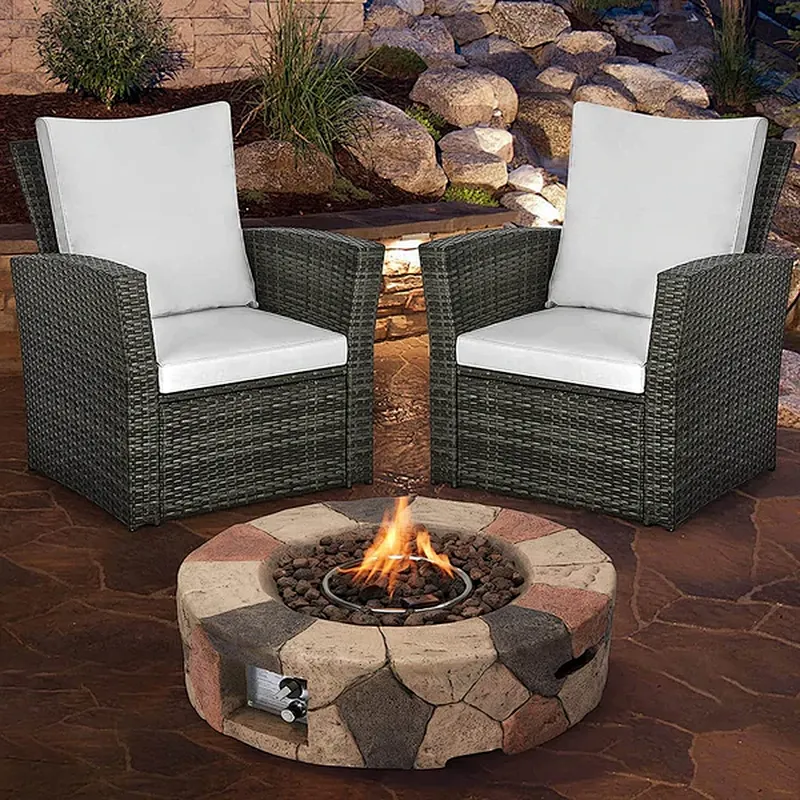 28'' Round Propane Gas Fire Pit 40000 BTU Stone Fire Pit w/ Lava Rocks, Cover, Tank Holder